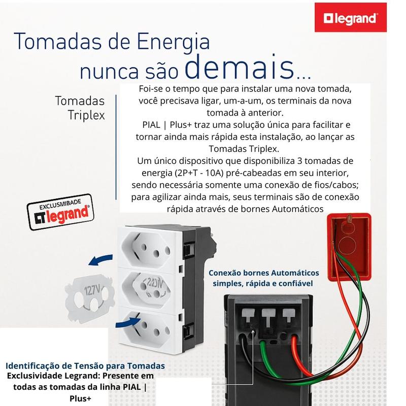 Tomada Tripla 10a 2p+t Branca 615043bc Pial Plus+ Legrand - Módulo